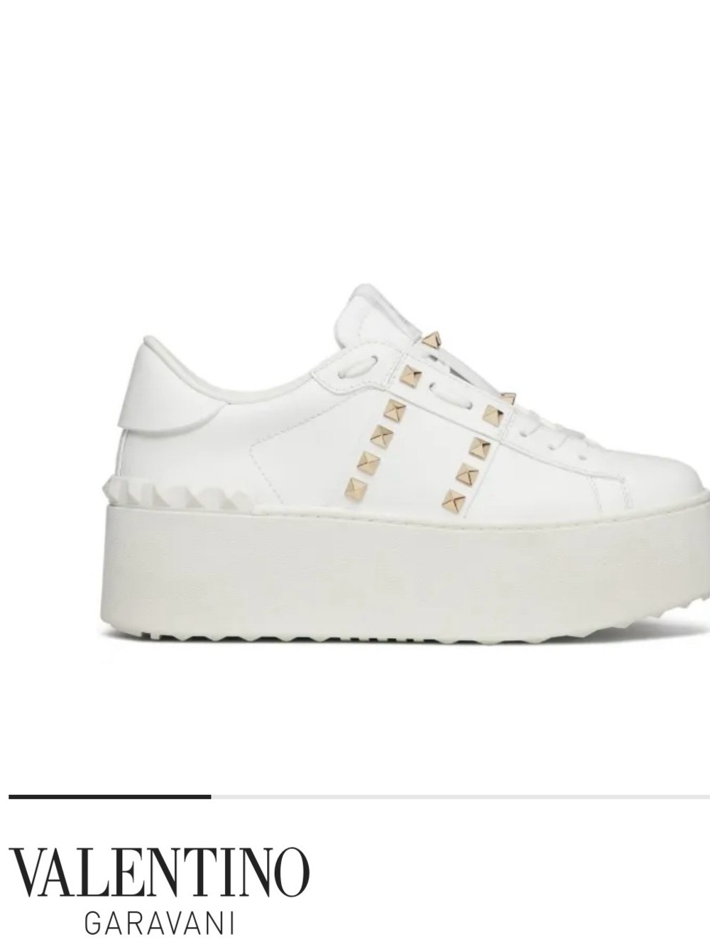 Valentino Garavani White Leather Platform Sneaker with Gold Rockstuds